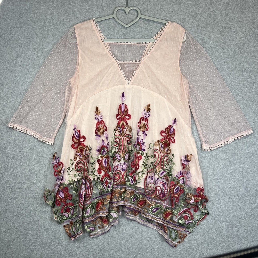 Tassels n lace Women Blue Striped Long Sleeve Blouse Floral Embroidered Med (27)